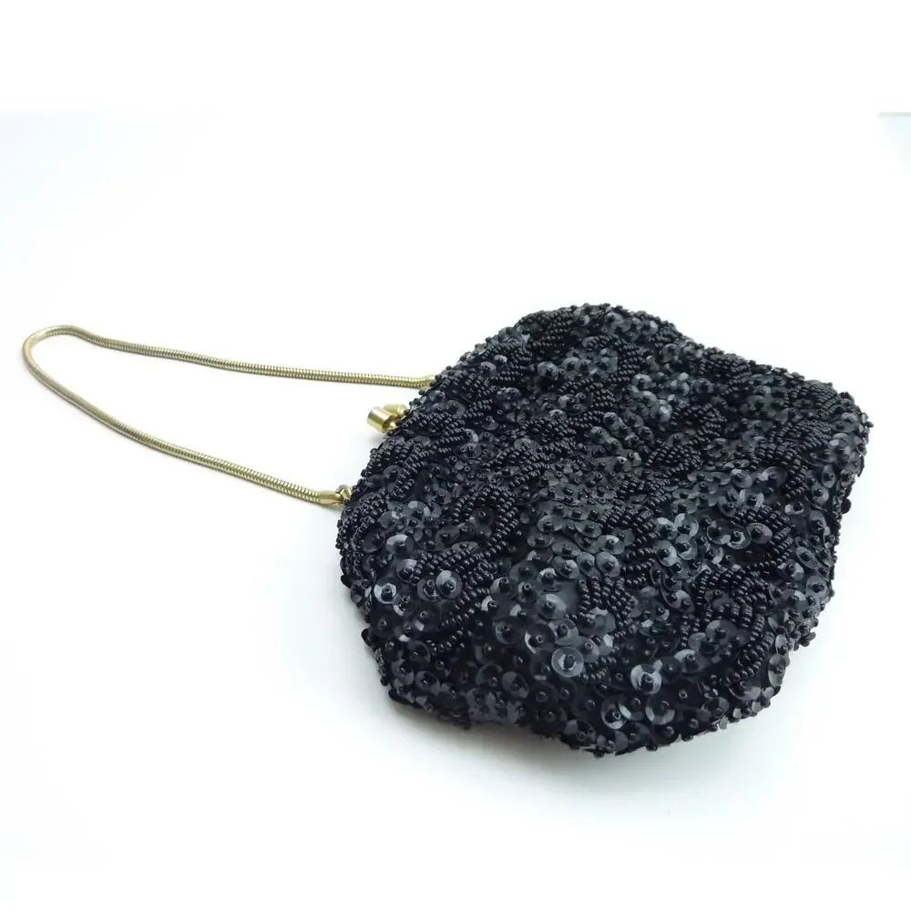 Vintage Womens Hand Beaded Evening Bag Black Gold Chain Kiss Lock Clutch Purse